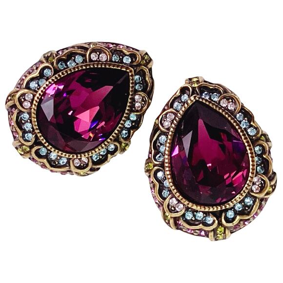 VTG Signed Heidi Daus Gold Tone Purple Rhinestone Clip On Earrings Collectible - Picture 11 of 11